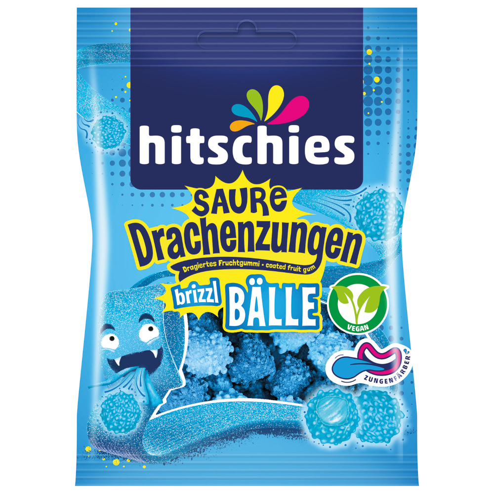 Hitschies Sour Dragon Tongues Bizzl Balls Blue, Vegan 100g / 3.52oz