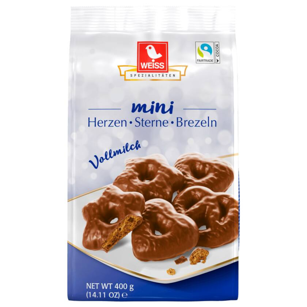 White Mini Gingerbread Hearts Stars & Pretzels Milk Chocolate 400g
