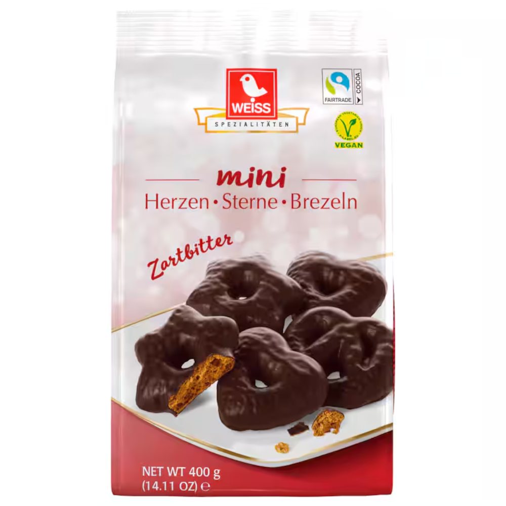 Weiss Mini Gingerbread Hearts Stars & Pretzels Dark Chocolate Vegan 400g
