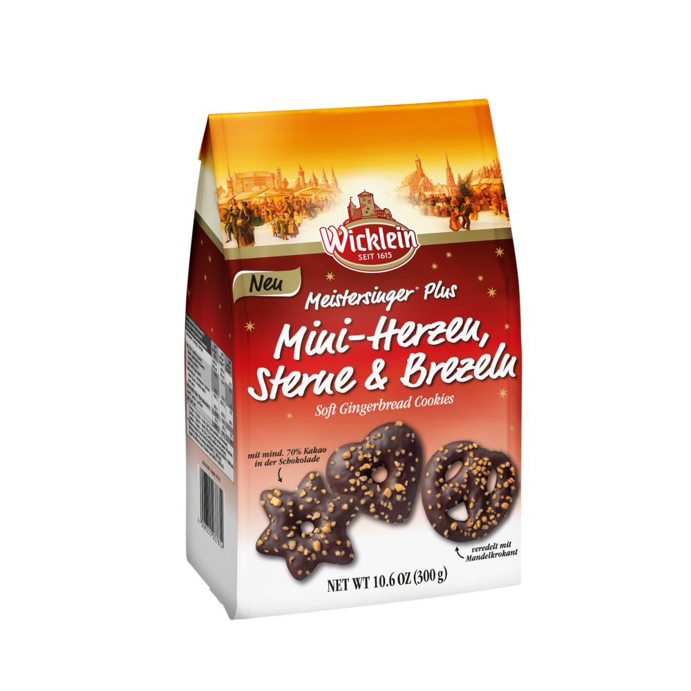 Wicklein Meistersinger Plus Mini Corazones, Estrellas y Pretzels Chocolate Negro 300g