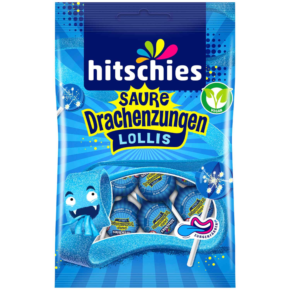 hitschies Sour Dragon Tongues Blue Lollipops Vegan 128g / 4.51oz