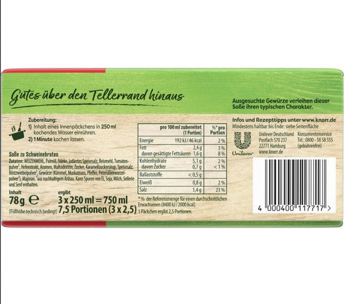 Knorr Soße zu Schweinebraten im 3er Pack ergibt 3 mal 250ml