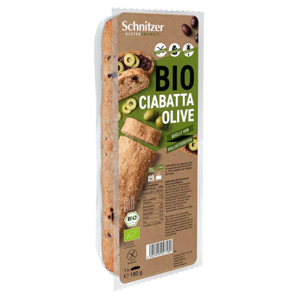 Schnitzer Ciabatta orgánica de aceitunas sin gluten 180 g / 6,34 oz