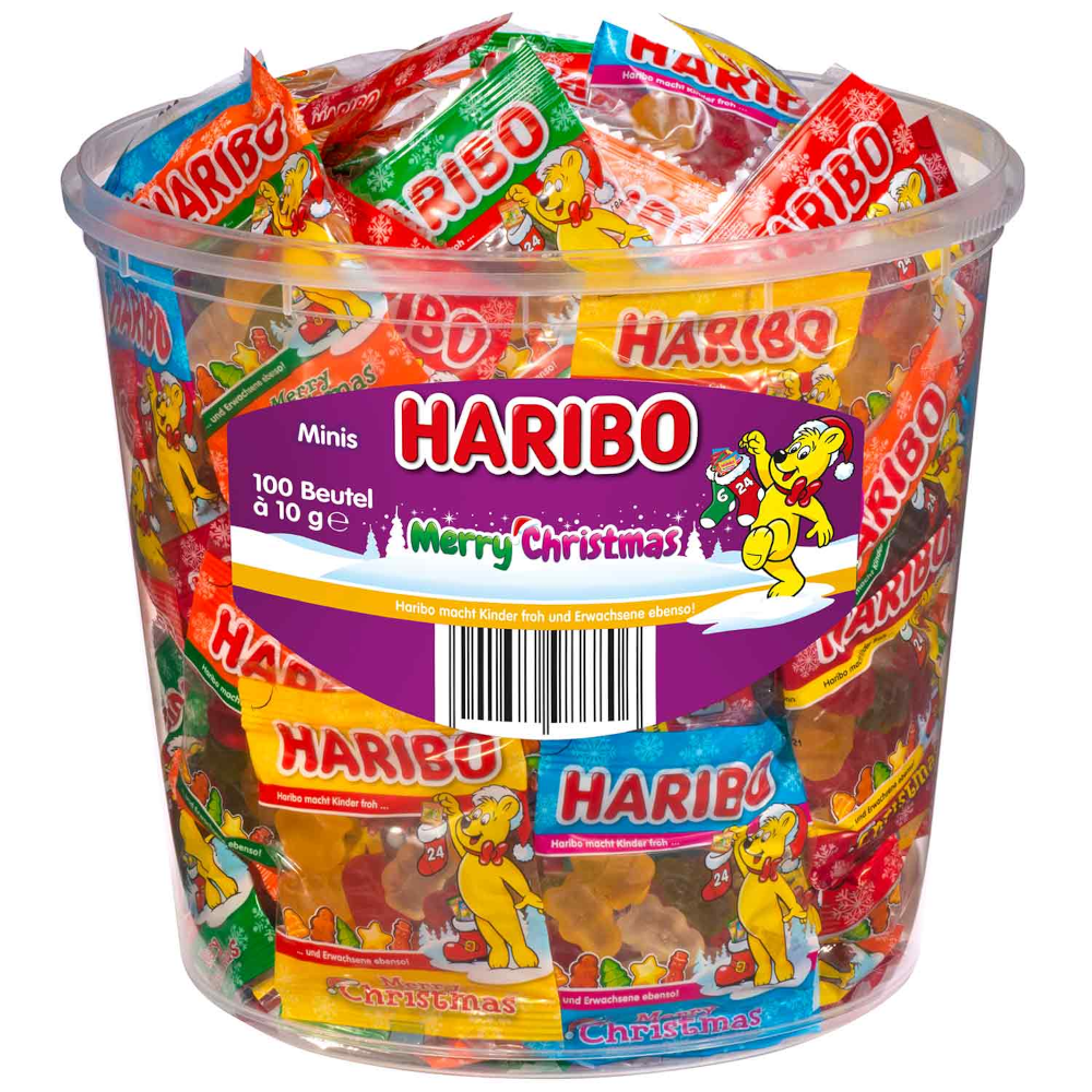 Haribo Vrolijk Kerstfeest Minis 100 x 10g in een blik van 1kg