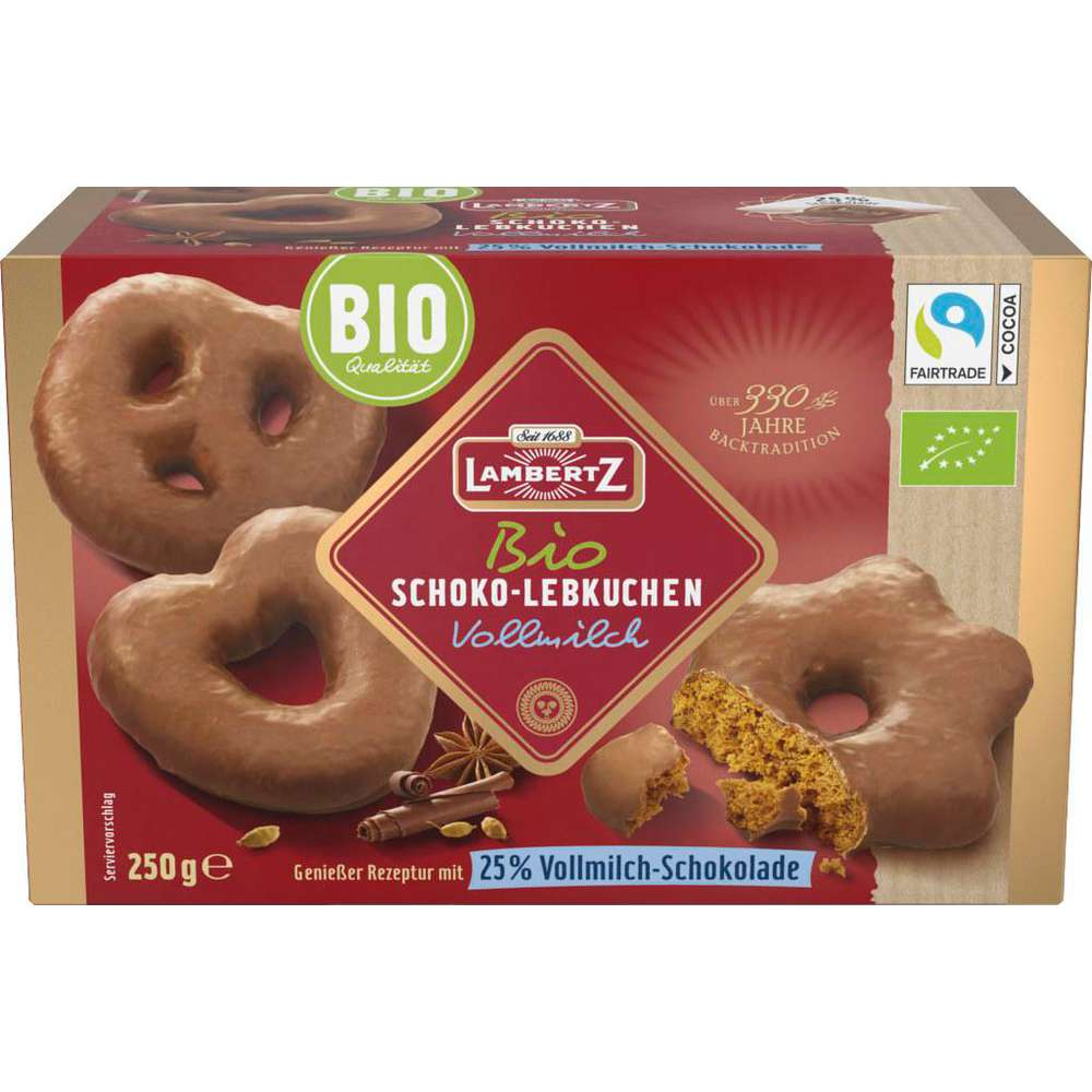 Lambertz Galletas de Navidad de pan de jengibre con leche entera y chocolate ecológico 250g