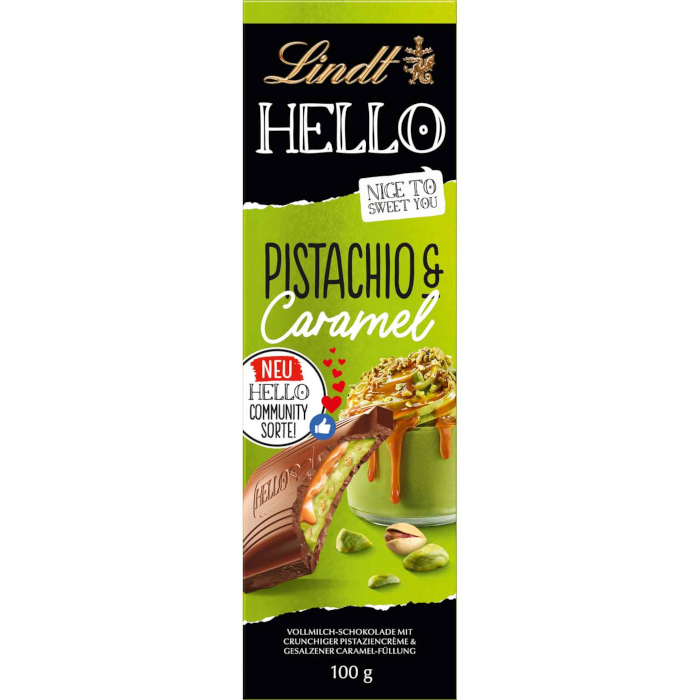 Lindt HELLO Pistachio &amp; Caramel Milk Chocolate 100g / 3.52oz