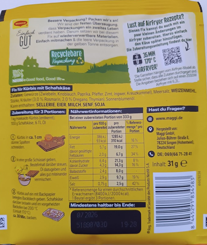 Maggi Fix for Oven-Baked Pumpkin with Feta Cheese 31g / 1.09oz