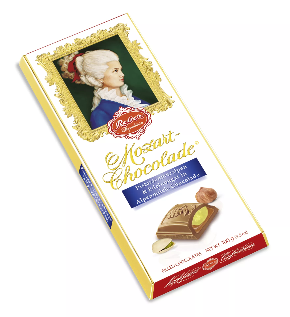 Barra de chocolate de leite alpino Reber Mozart chocolate 100g