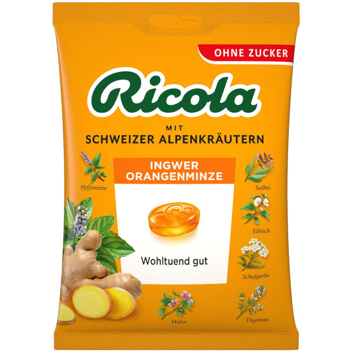 Ricola Ingwer Orangenminze Kräuterbonbons ohne Zucker 75g / 2.64oz