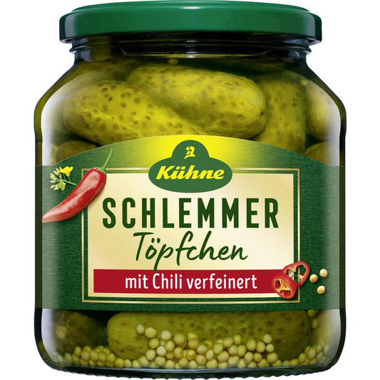 Kühne Cornichons Schlemmertöpfchen Chili scharf 580ml / 19.61fl.oz.
