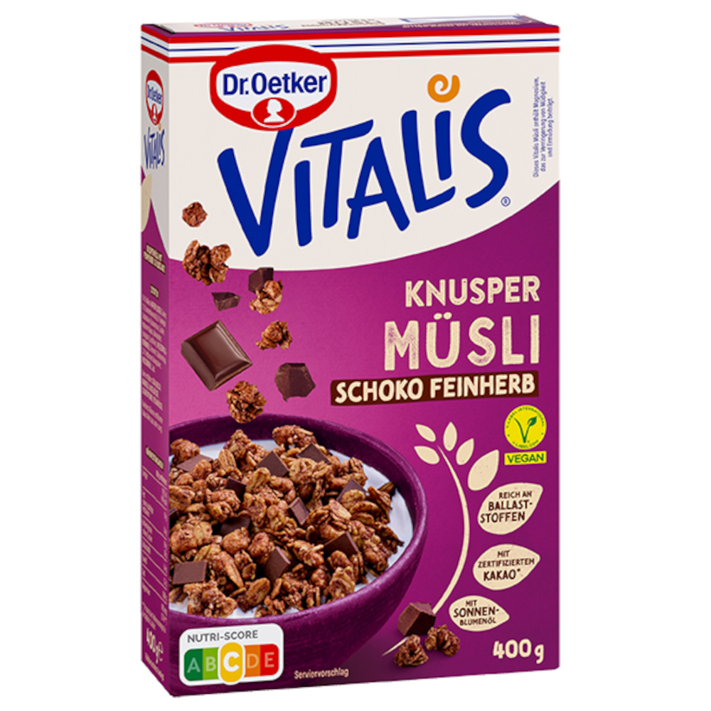 Dr. Oetker Vitalis muesli croustillant au chocolat noir, vegan, 400g