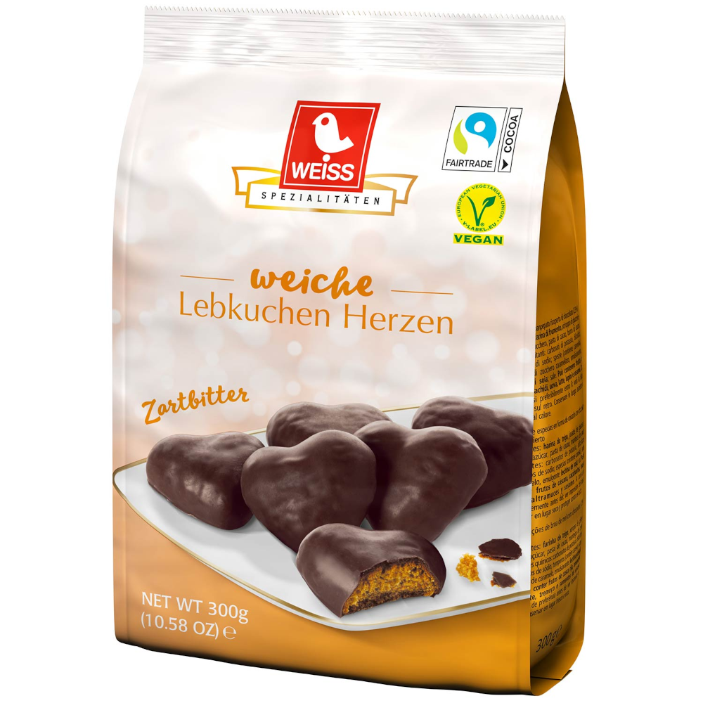 Weiss Vegane Weiche Lebkuchen Herzen in Zartbitterschokolade 300g