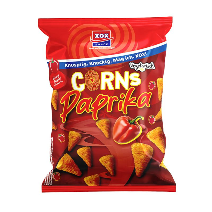 XOX Corns Paprika, Mais Snack mit Paprikageschmack vegetarisch 85g / 3oz