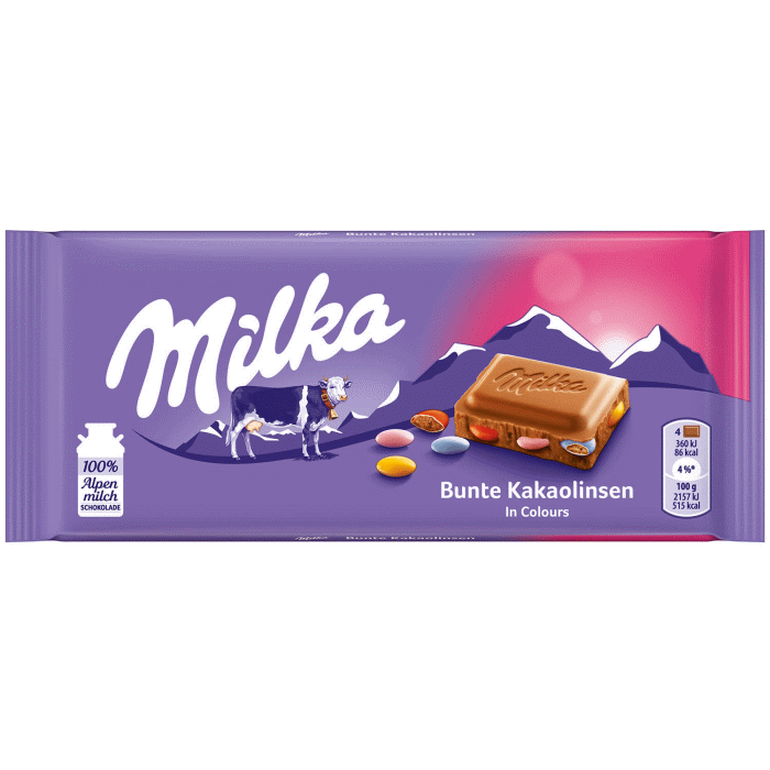 Milka Alpenmilch Schokolade mit bunten Kakaolinsen 100g / 3.53 oz