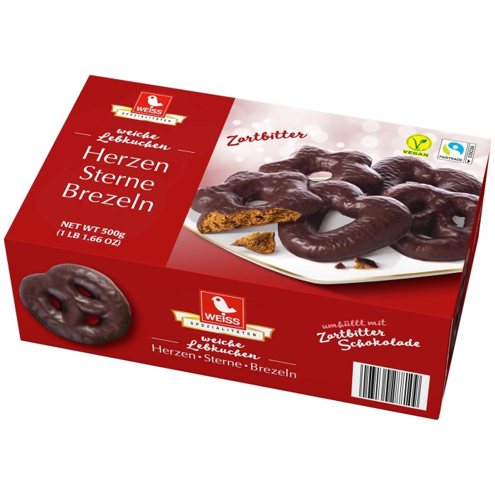 Weiss Lebkuchen Herzen Sterne & Brezeln in Zartbitterschokolade 500g