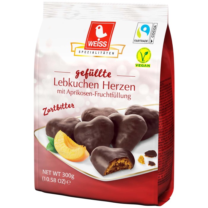 Weiss gefüllte Lebkuchen Herzen in Zartbitterschokolade 300g