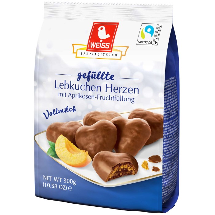 Weiss gefüllte Lebkuchen Herzen in Vollmilchschokolade 300g